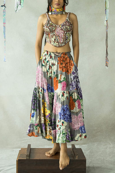 Multicolour printed flared skirt set
