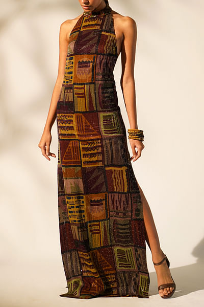 Multicolour printed halter neck gown