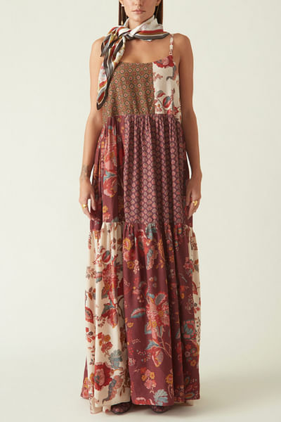 Multicolour printed patchwork dress