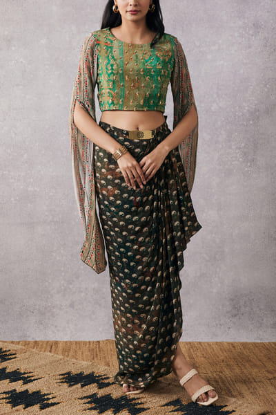 Multicolour printed top and draped skirt