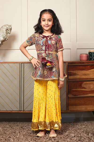Multicolour sequin and thread embroidery sharara set