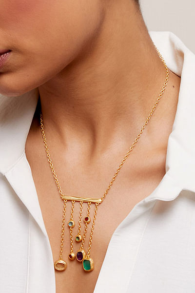 Multicolour stone pendant chain necklace
