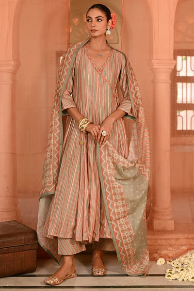 Multicolour stripe print angrakha anarkali set