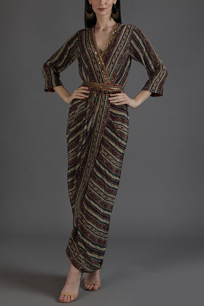 Multicolour stripe print draped dhoti dress and belt