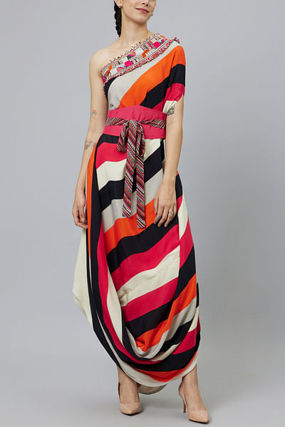 Multicolour stripe print one-shoulder cowl dress