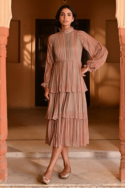 Multicolour stripe printed layered dress