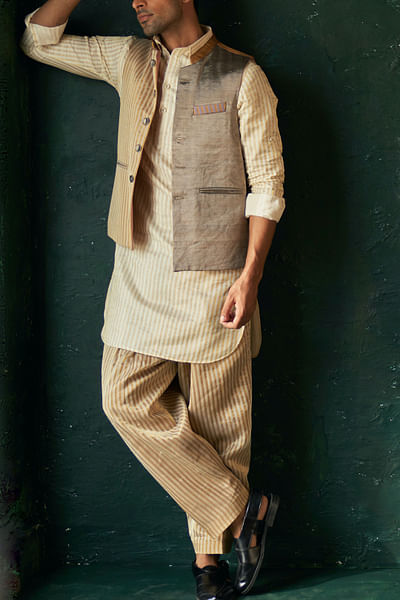 Multicolour striped Nehru jacket and kurta set