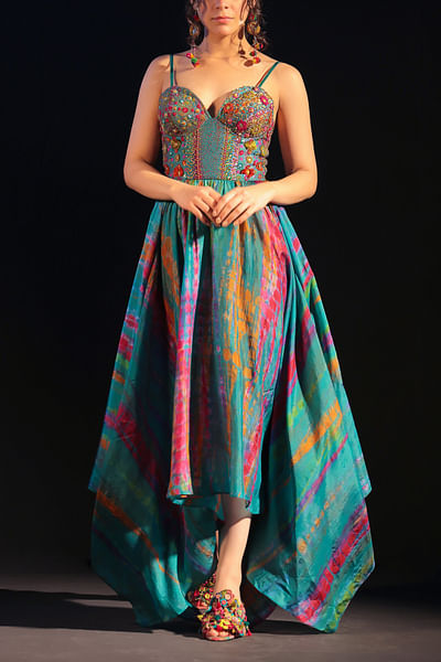 Multicolour tie-dye print embroidery corset dress