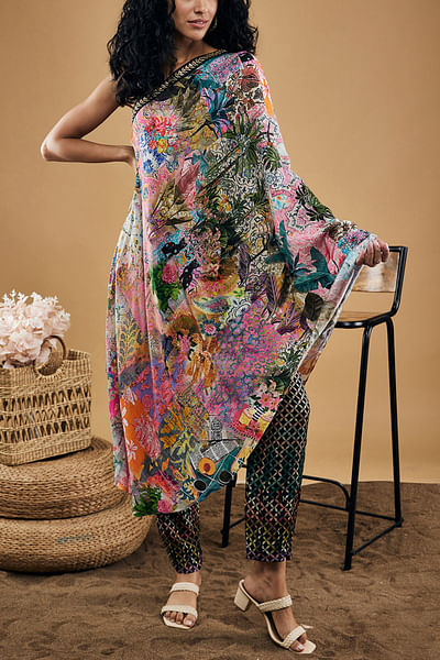 Multicolour tropical print one-shoulder tunic set