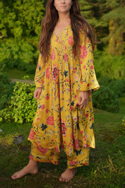 Mustard and russet floral print tunic set