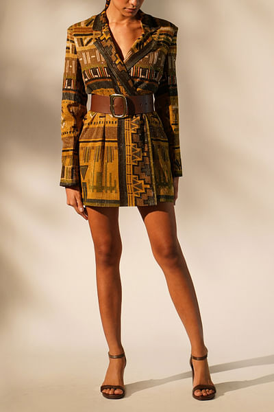 Mustard aztec print short blazer dress