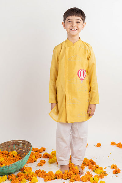 Mustard balloon and cloud embroidered kurta set