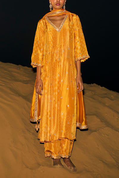 Punit Balana Mustard bandhani print anarkali set PUBNOV23PB358