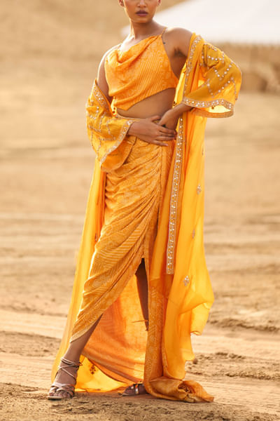 Mustard bandhani print cape set