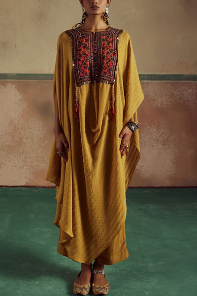 Mustard boho embroidery cape and pants