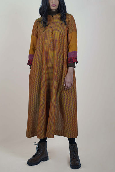Mustard check A-line cotton dress