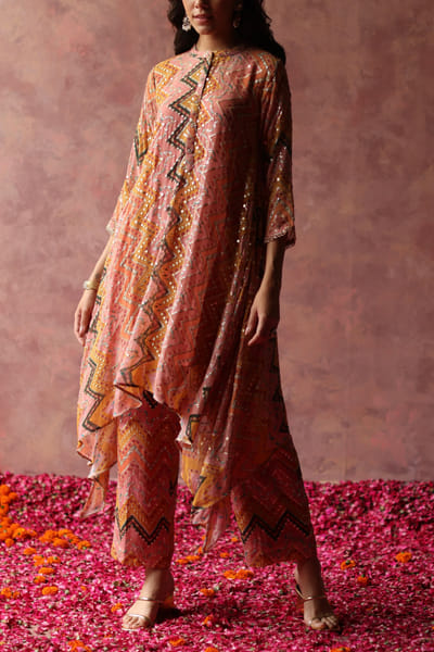 Mustard chevron sequin embellished kurta set