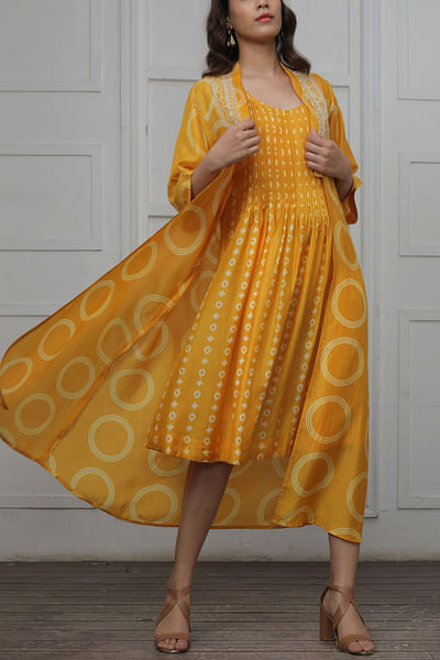 Mustard Circular print jacket dress set