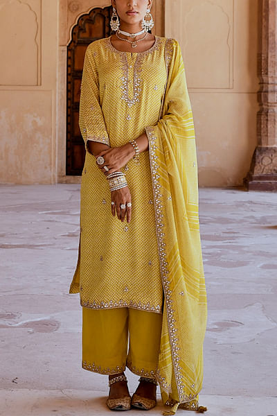 Mustard dori embroidery bandhani kurta set