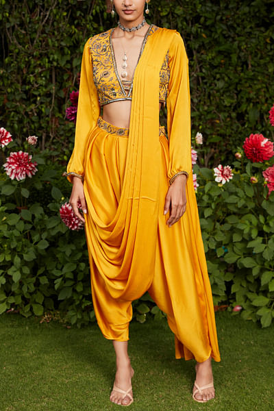 Mustard embellished pre-draped concept sari set