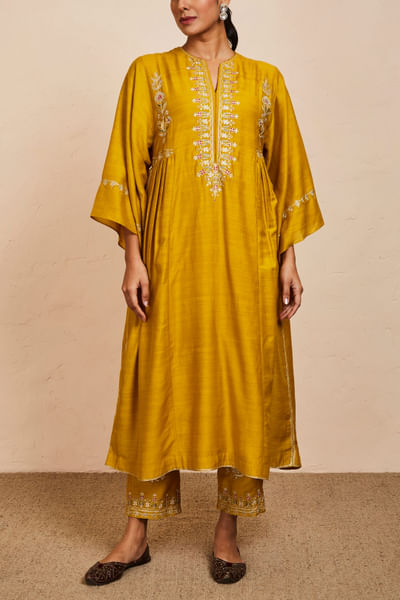 Mustard embroidered kaftan set