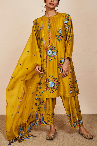 Mustard floral embroidered kurta set