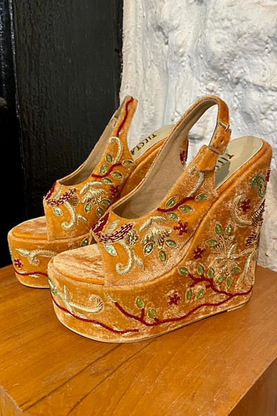 Mustard floral embroidered wedges