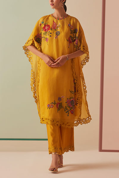 Mustard floral embroidery kaftan set