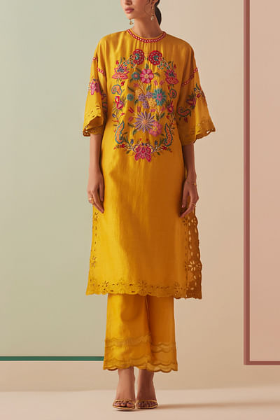 Mustard floral embroidery kurta set