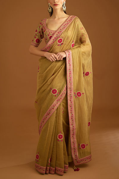 Mustard gold floral applique sari set