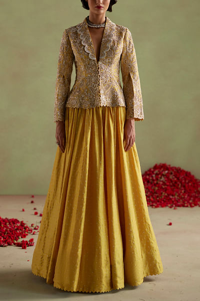 Mustard hand embroidered jacket and skirt