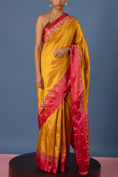 Mustard handwoven banarasi kadhwa silk sari set