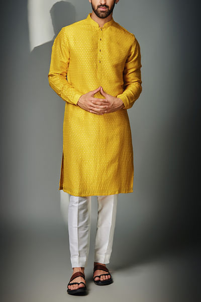 Mustard hexagon self textured kurta set