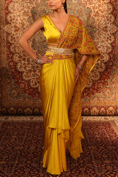 Mustard jamawar draped sari set