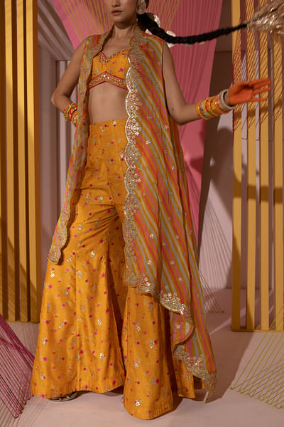 Mustard lehariya embellished cape set