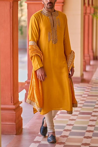 Mustard marodi and dabka embroidery kurta set