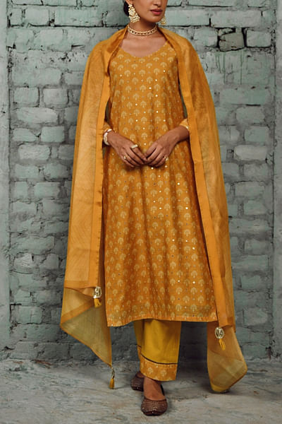 Mustard mirror embellished kurta set
