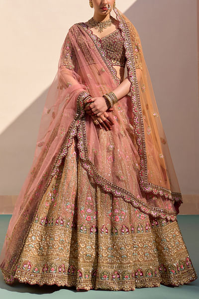 Mustard orange zardozi embroidery bridal lehenga
