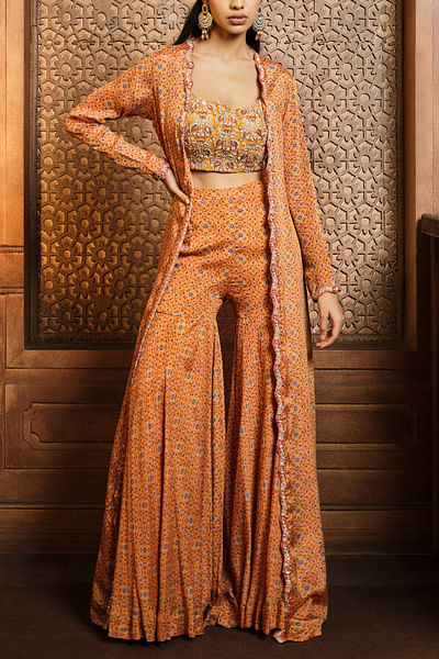 Mustard printed jacket sharara set