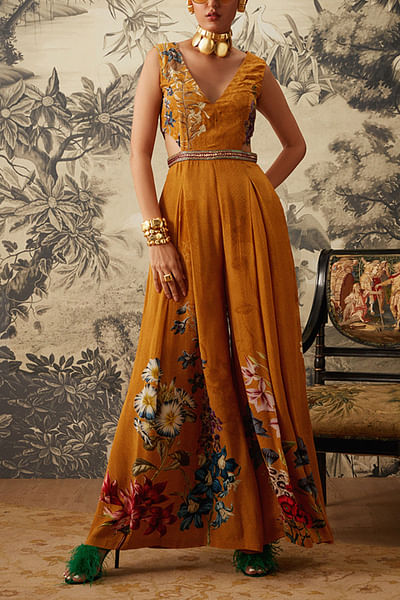 Mustard printed jumpsuit set