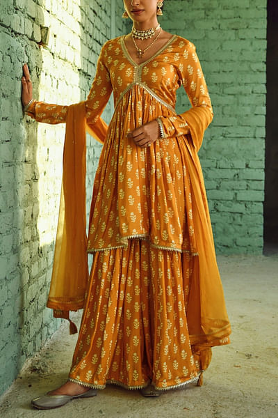 Mustard printed sharara set