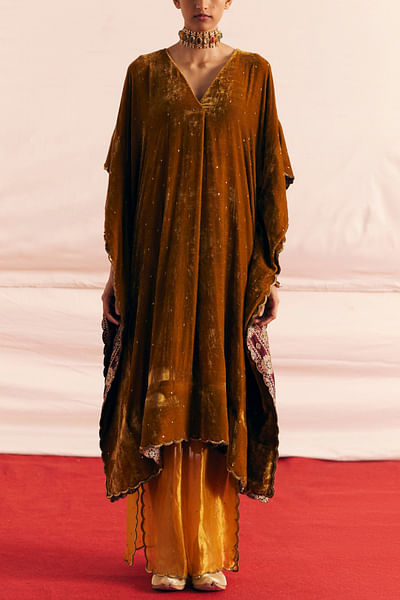 Mustard sequin embroidery kaftan set