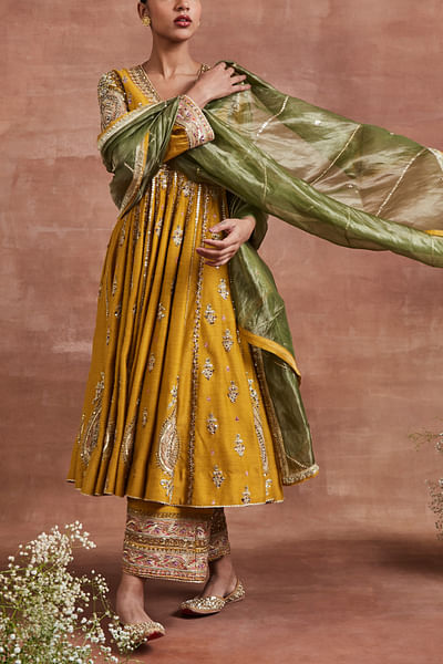 Mustard silk thread and dabka embroidery anarkali set