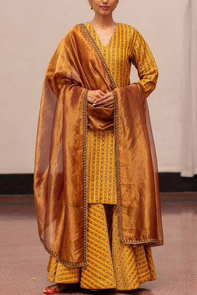 Mustard woven gharara set