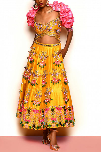 Mustard yellow 3D detail short lehenga set