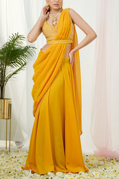 Mustard yellow conceptual draped saree set