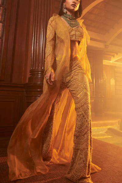Ridhima Bhasin Mustard yellow embellished jacket set RBSAPR2311