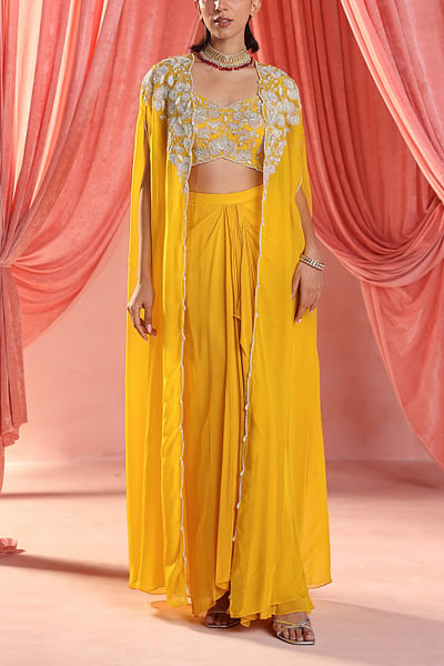 Mustard yellow embroidered cape set