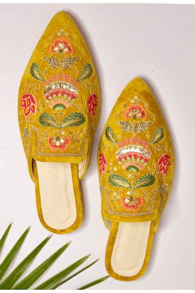 Mustard yellow floral embroidered mules