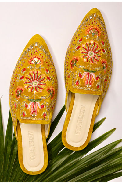 Mustard yellow floral embroidery mules